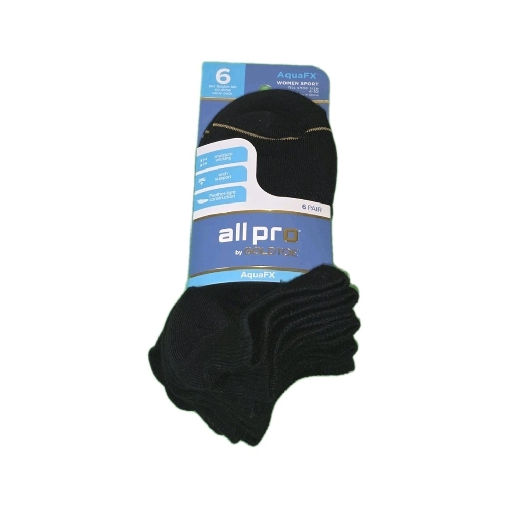 Gold Toe All Pro Womens No Show Socks 6 Pair Black AquaFX Moisture Wicking 9-11